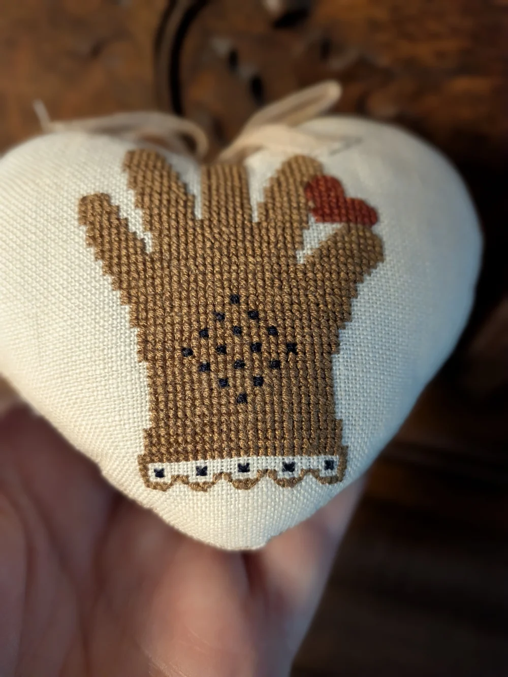 Handmade Cross Stitch Heart Pillow Sachet Hand & Heart Motif Plaid Back